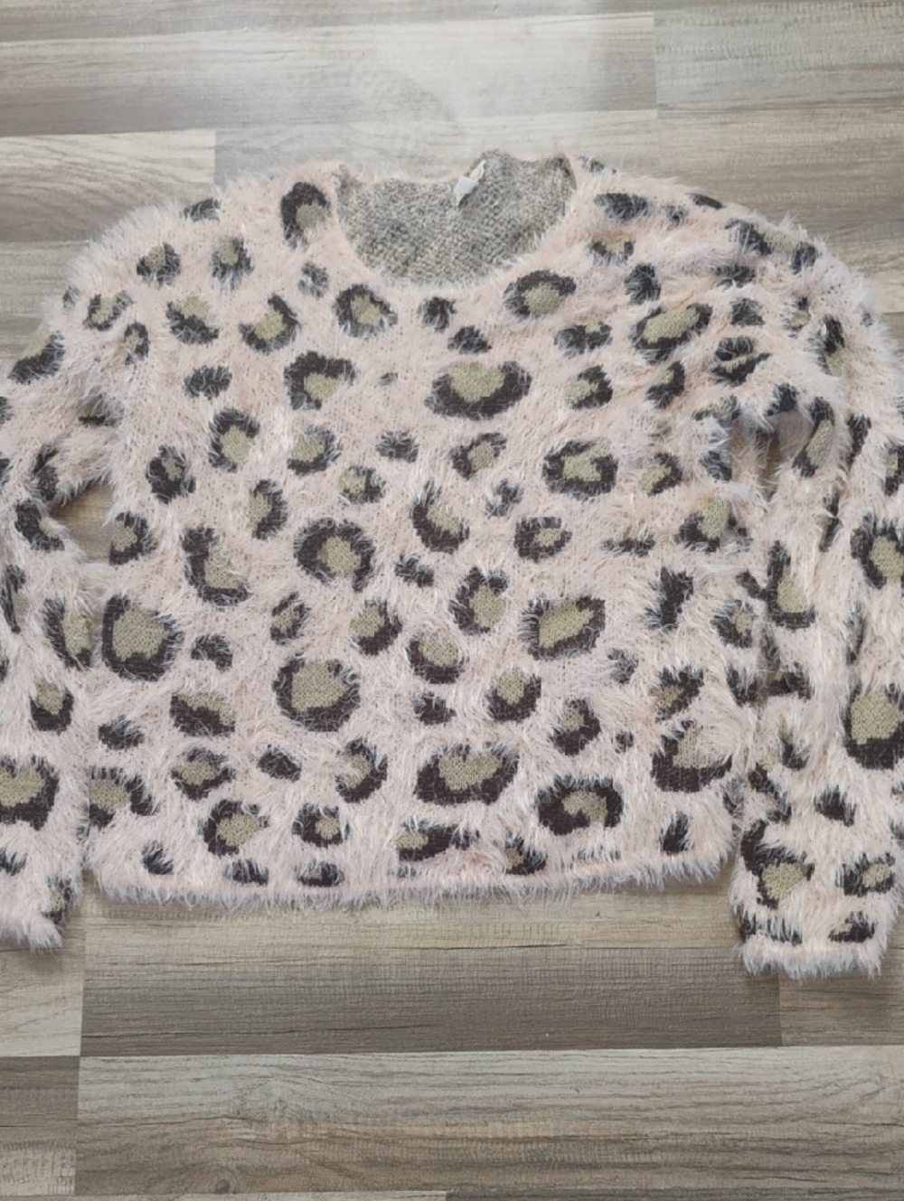 Hem & Thread Pink Fuzzy Leopard Crewneck Sweater